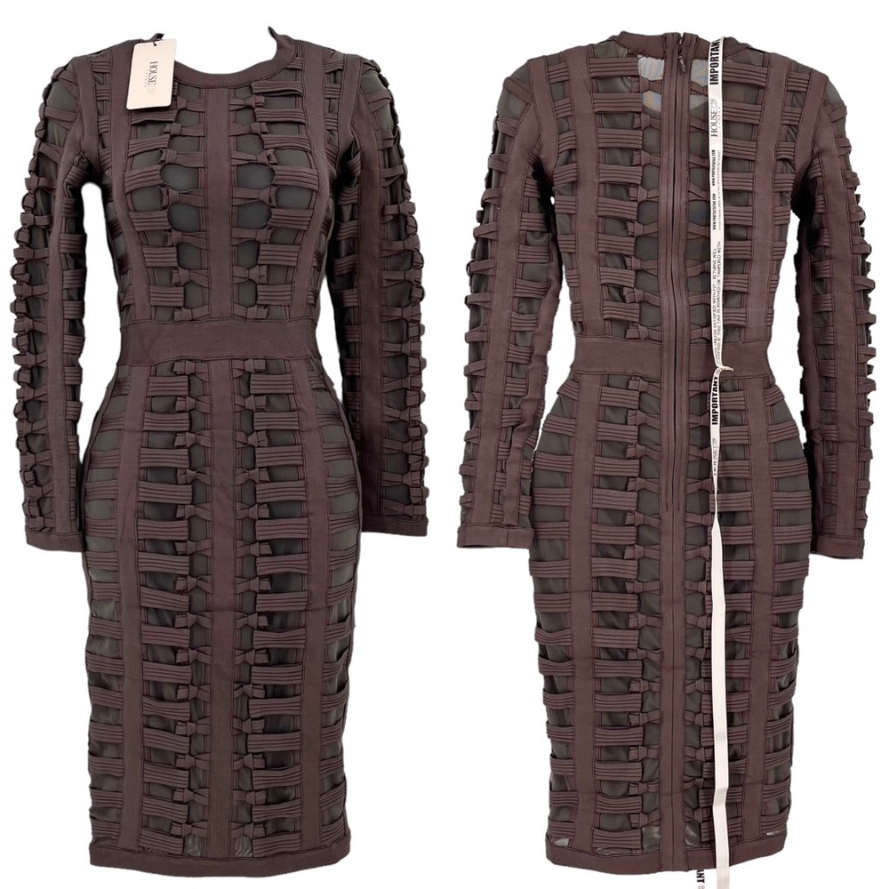 House of CB Brown Long Sleeve Lattice Bodycon Dress